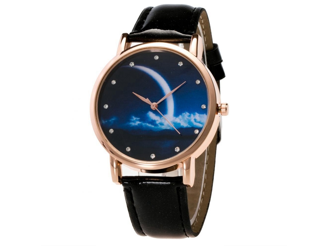 Relógio de pulso com padrão de lua noturna em strass, pulseira de couro PU preta.