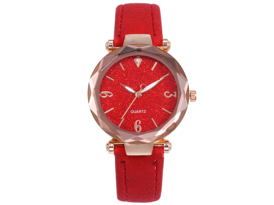 Relógio de Pulso Feminino de Quartzo Simples Elegante com Mostrador Redondo em Couro Artificial Vermelho