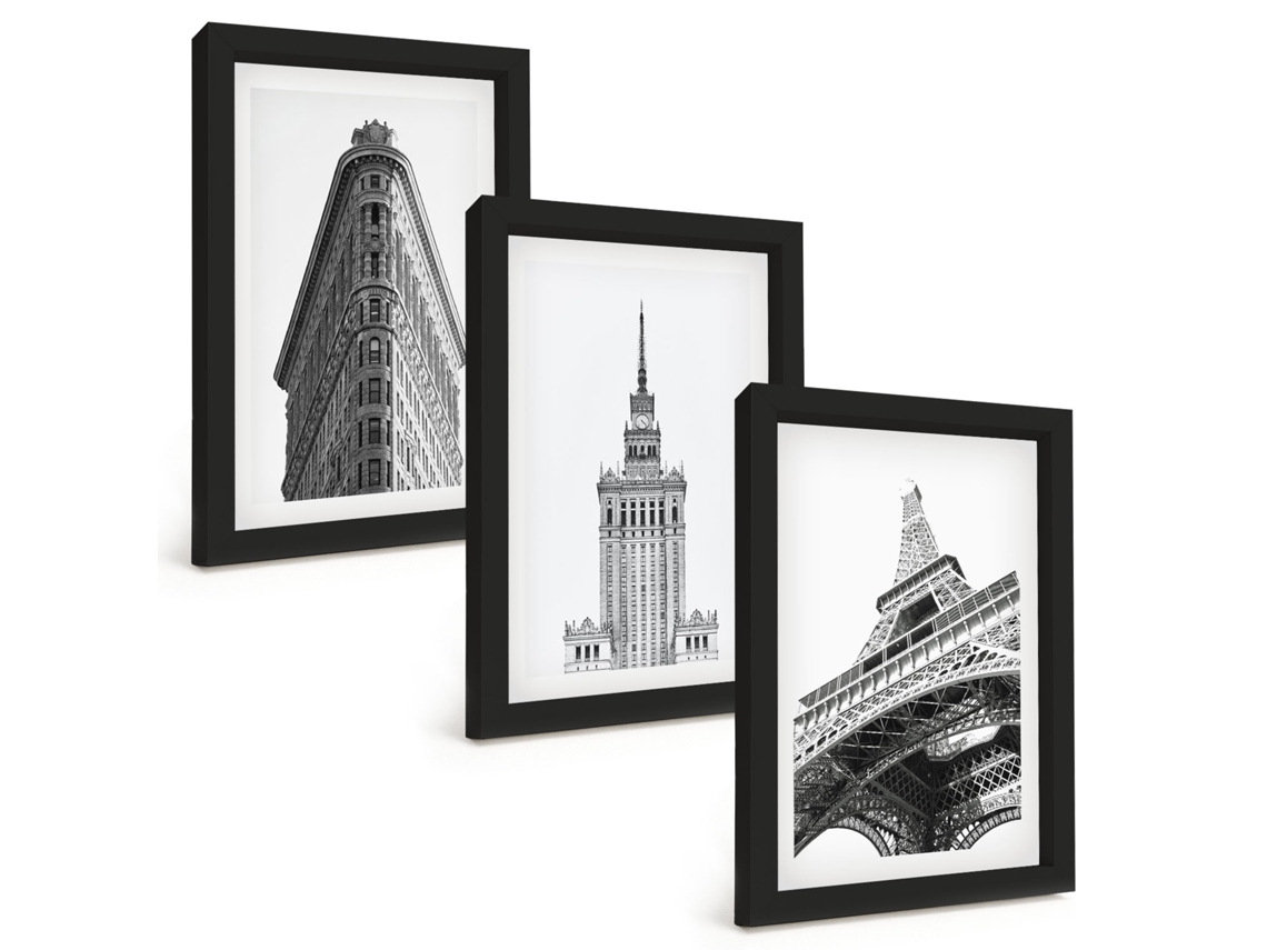 Galeria De Pinturas Murais Edifícios Arquitetônicos Em Preto E Branco Moldura Preta Fotos Para O Escritório Espelharte (3 Peças 20x30 Cm)