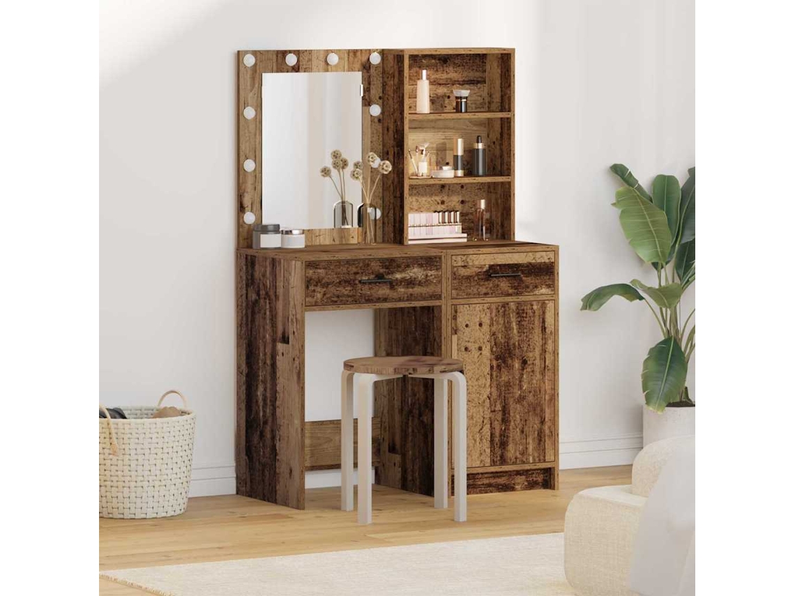 Vidaxl Conjunto De Mesa De Maquiagem Com Led 2 Unid. Madeira Antiga