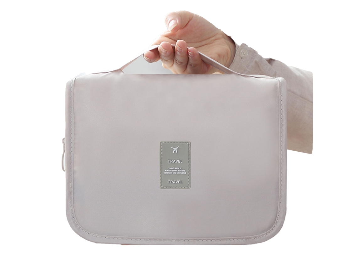 Bolsa de Maquiagem Pequena Portátil Oxford Impermeável com Zíper e Gancho para Viagem Bege