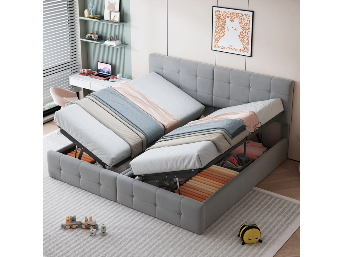 Cama de casal multifuncional 180x200 cm com arrumação hidráulica de grande capacidade, revestida em veludo cinza VSOGA