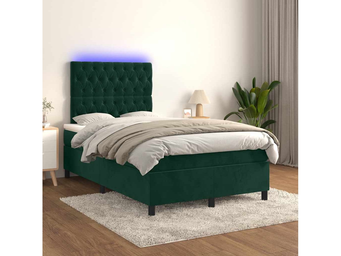 Vidaxl Cama Box Spring C/ Colchão/led 120x200 Cm Veludo Verde-escuro