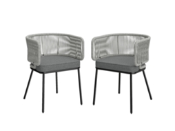 Lot 2 Fauteuils Jardin, Dossier/accoudoirs Corde Résine Tressée, Coussins Amovibles, 46x58x72cm, Gris Clair