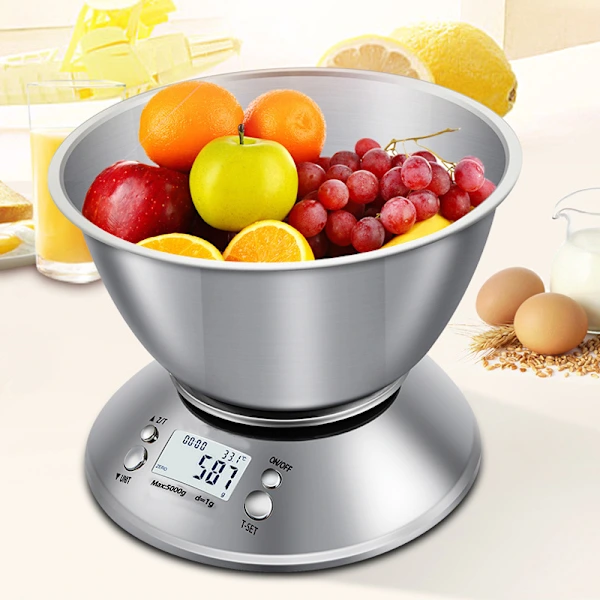 Balança de Cozinha Multifuncional AQUAFORGE com Visor Digital e Tigela de Aço Inoxidável 5 Kg