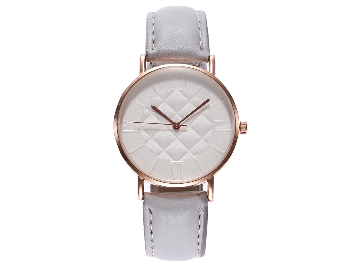 Relógio feminino de quartzo com pulseira de couro sintético branco e numerais romanos.
