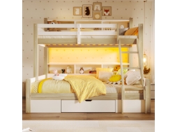 Beliche 90x200 e 140x200cm com led, prateleiras abertas, gaveta, segurança, sem colchão, branco natural KOMHTOM
