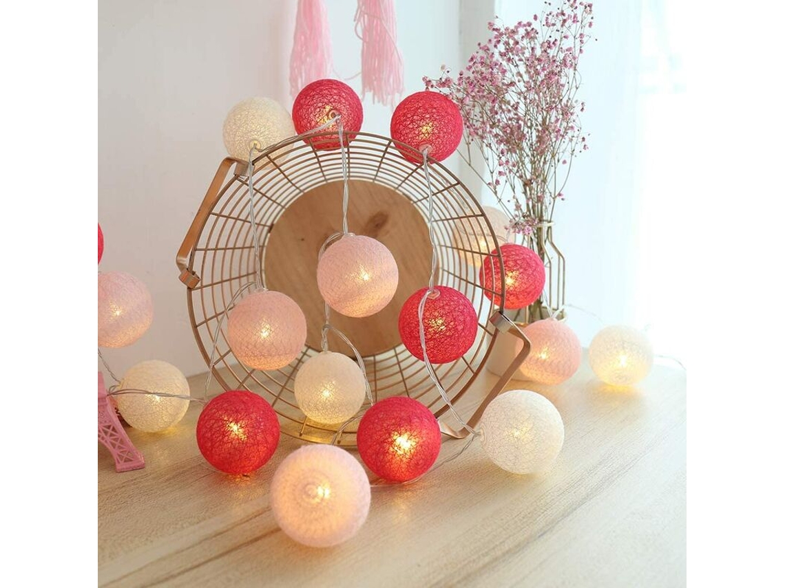 Cordão de Luzes com Bolas de Algodão, 3 Metros, 20 Leds, Funciona a Bateria, Decoração para Casa, Bolas de 6 Cm para Casamentos e Festas BRILVIBERA