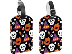 Conjunto De 2 Etiquetas Bagagem Em Couro Pu Com Estampa Caveira O Halloween, Pretas