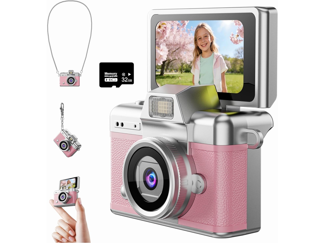 Mini Câmera Digital de Chaveiro, Vídeo 1080p, Tela Lcd de 1,47" com Cartão Tf de 32 Gb para Viagens IKIKSO (rosa)
