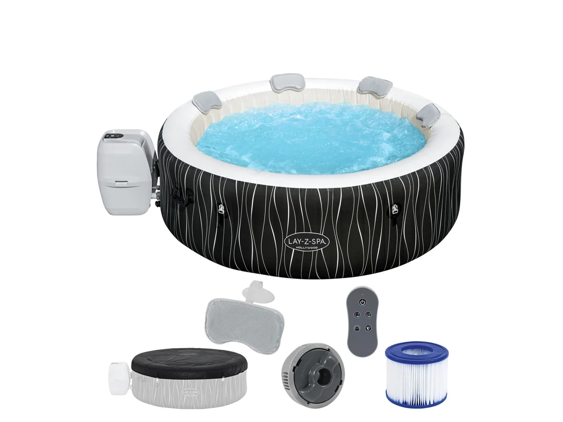 Spa Inflável BESTWAY Lay-Z Hollywood 140 Bolhas de Jato de Ar 196X66 Cm para 6 Pessoas Redondo Preto com Luz Led