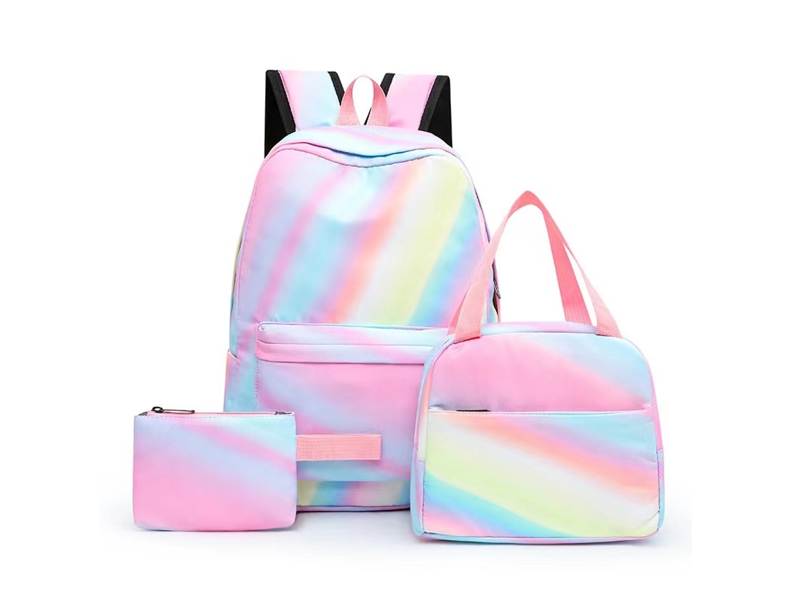 Conjunto de três peças para mochila com estampa de riscas e arco-íris degradê