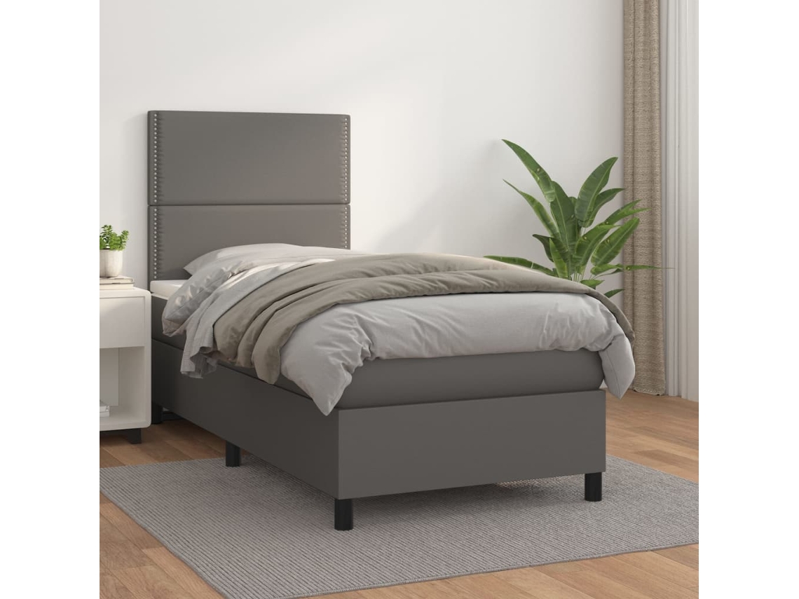 Vidaxl Cama Com Molas/colchão 100x200 Cm Couro Artificial Cinzento