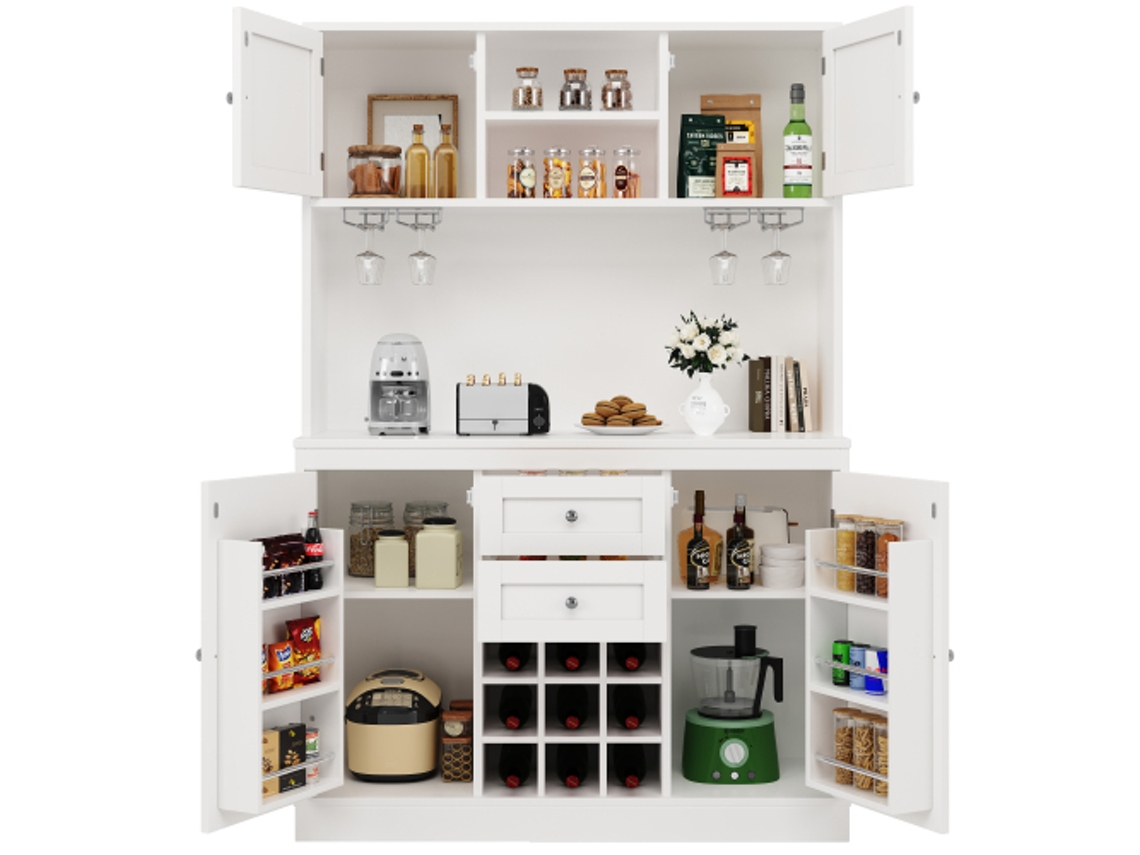 Armário De Cozinha Com Prateleiras Ajustáveis E Adega, Buffet Alto Com 4 Portas E 2 Gavetas, Aparador Para Cozinha E Sala De Estar, Armário Buffet