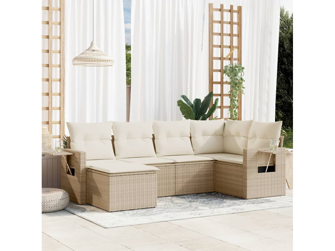 Vidaxl 6 Pcs Conjunto De Sofás P/ Jardim Com Almofadões Vime Pe Bege