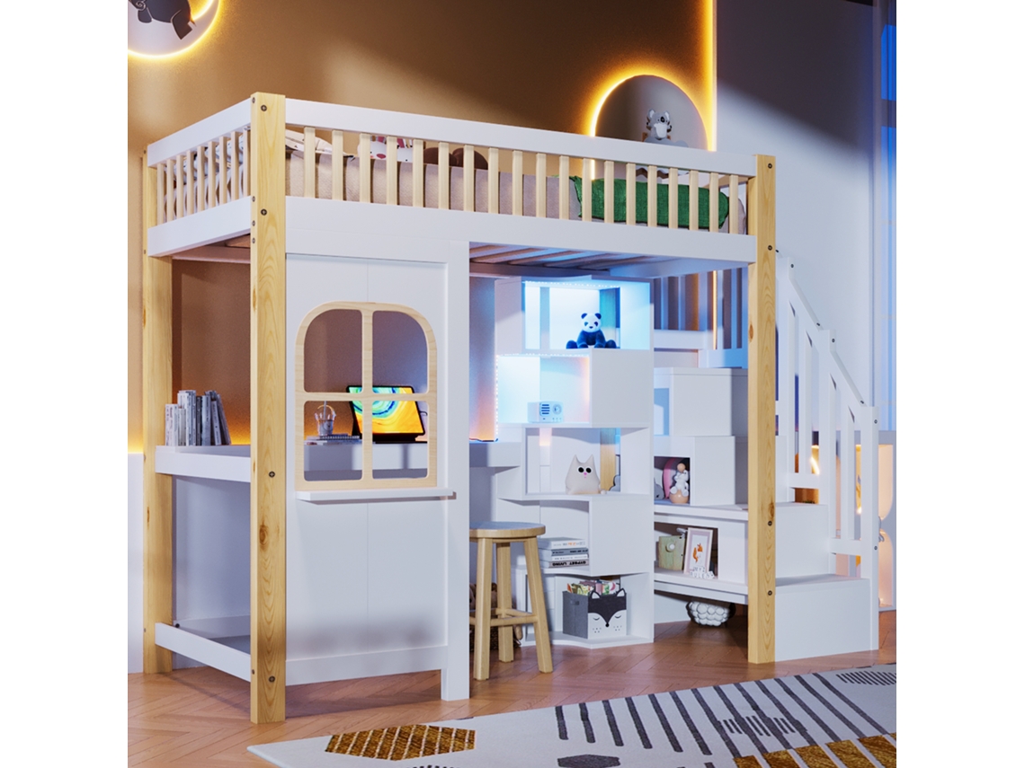 Cama 90x200cm Com Led Forma Janela Mesa De Escritório Branco+natural