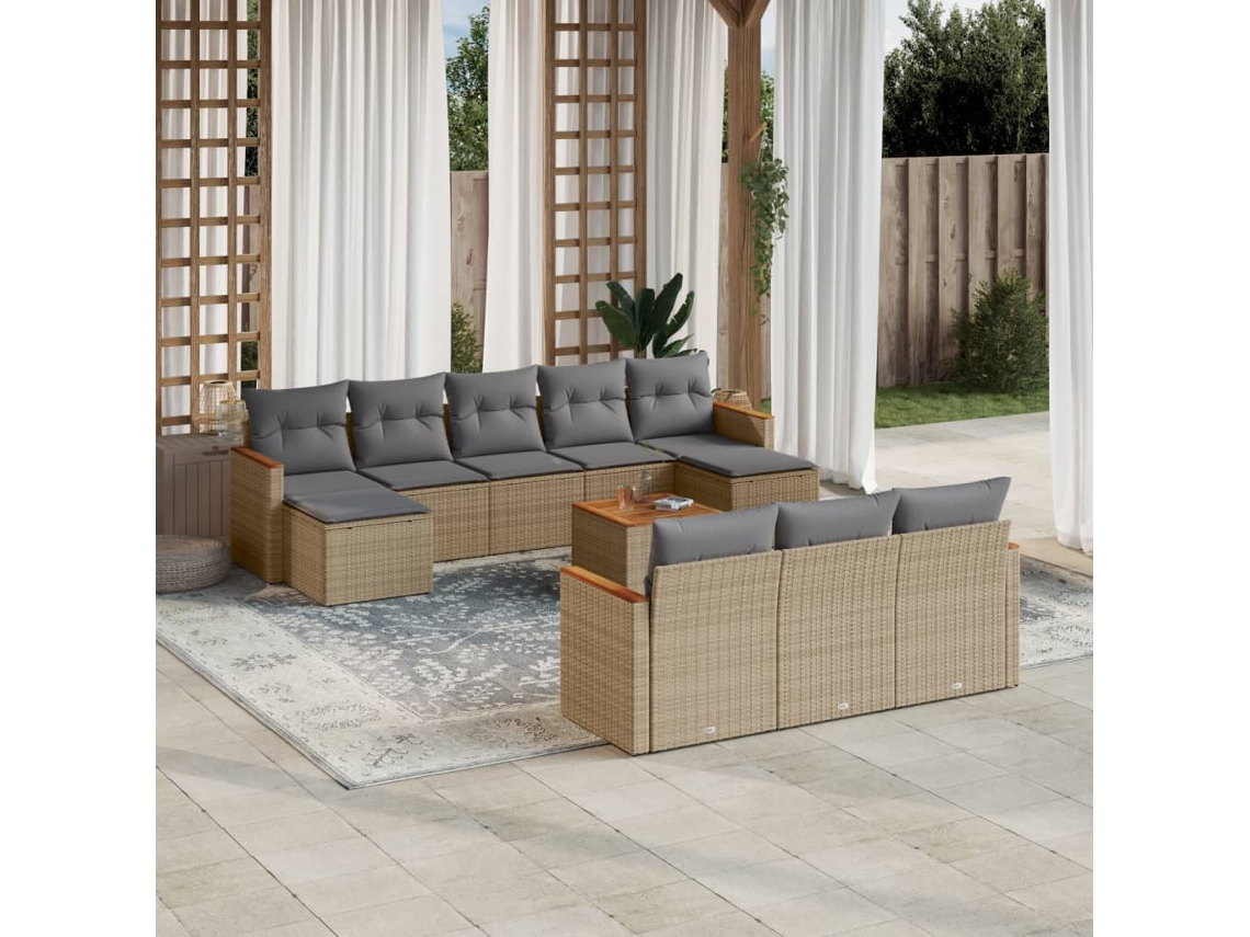 Vidaxl 11 Pcs Conjunto Sofás De Jardim C/ Almofadões Vime Pe Bege