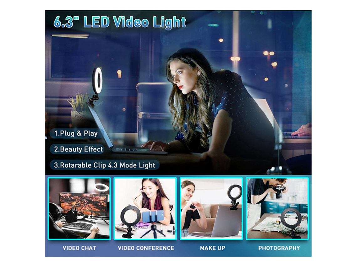 Luz de Selfie Anel Led 6 polegadas com braçadeira USB 3 cores e níveis de brilho | S/MARCA