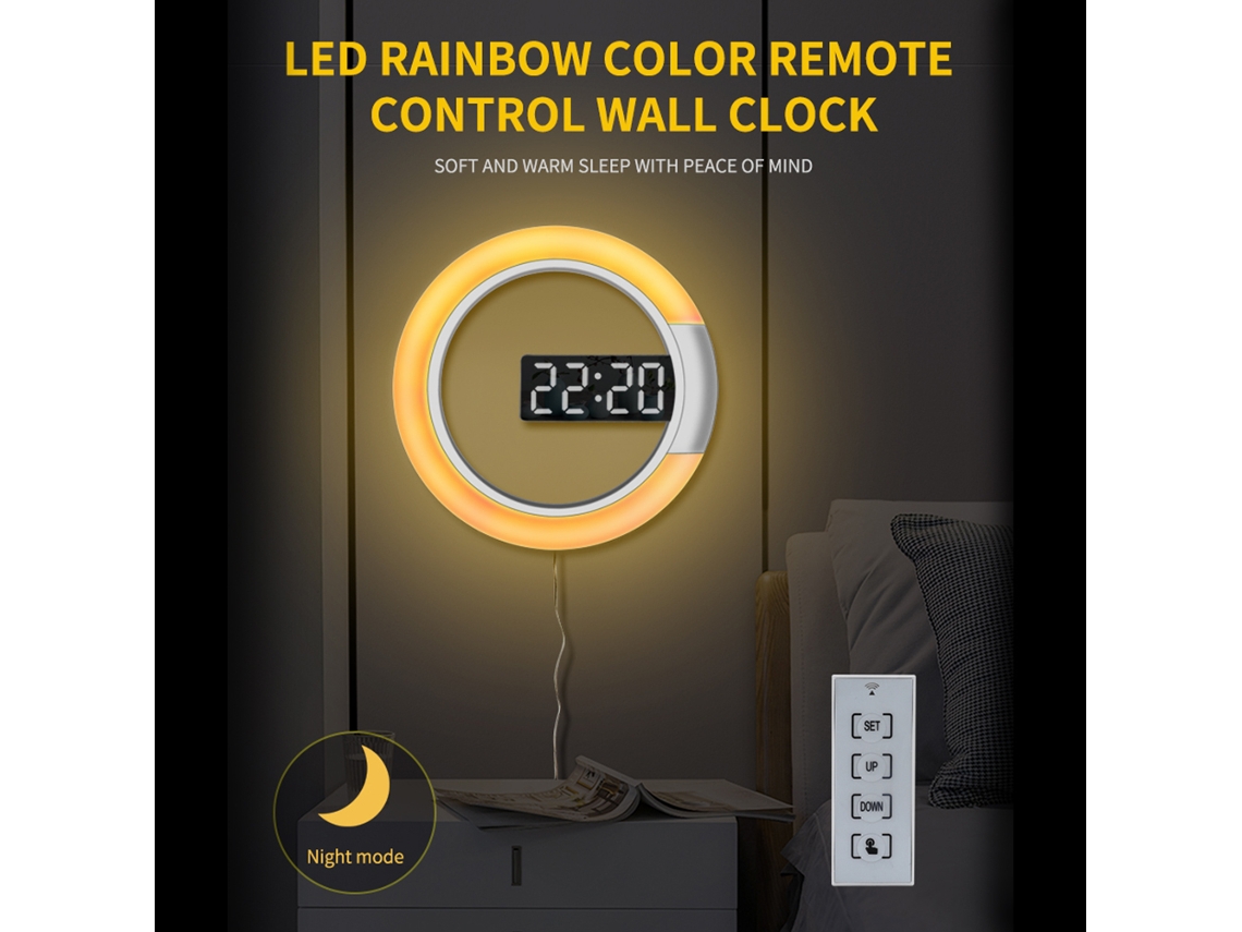Relógio de Parede Digital Led com Controle Remoto, Alarme, Soneca, Luz Noturna 7 Cores e Exibição de Temperatura