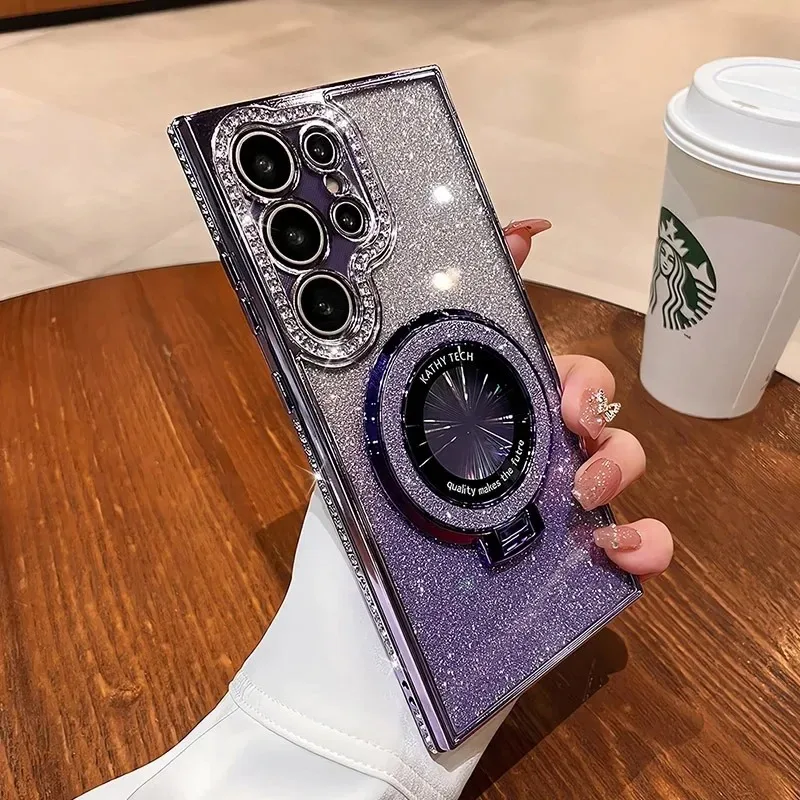 Capa Magnética Para Celular Samsung S26 Plus (roxa) Com Strass Em Degradê E Suporte Magsafe.