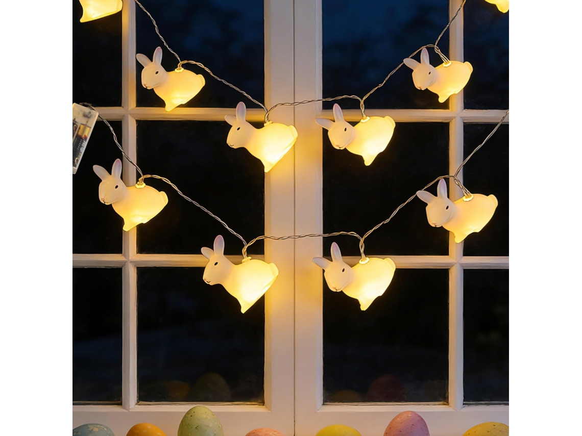 Cordão De Luzes Led Com Coelho Branco Para Decoração De Páscoa, 10 Luzes.