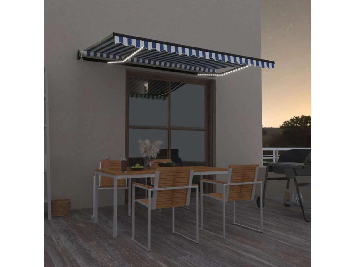 Vidaxl Toldo Autom. C/ Led E Sensor De Vento 450x300 Cm Azul/branco