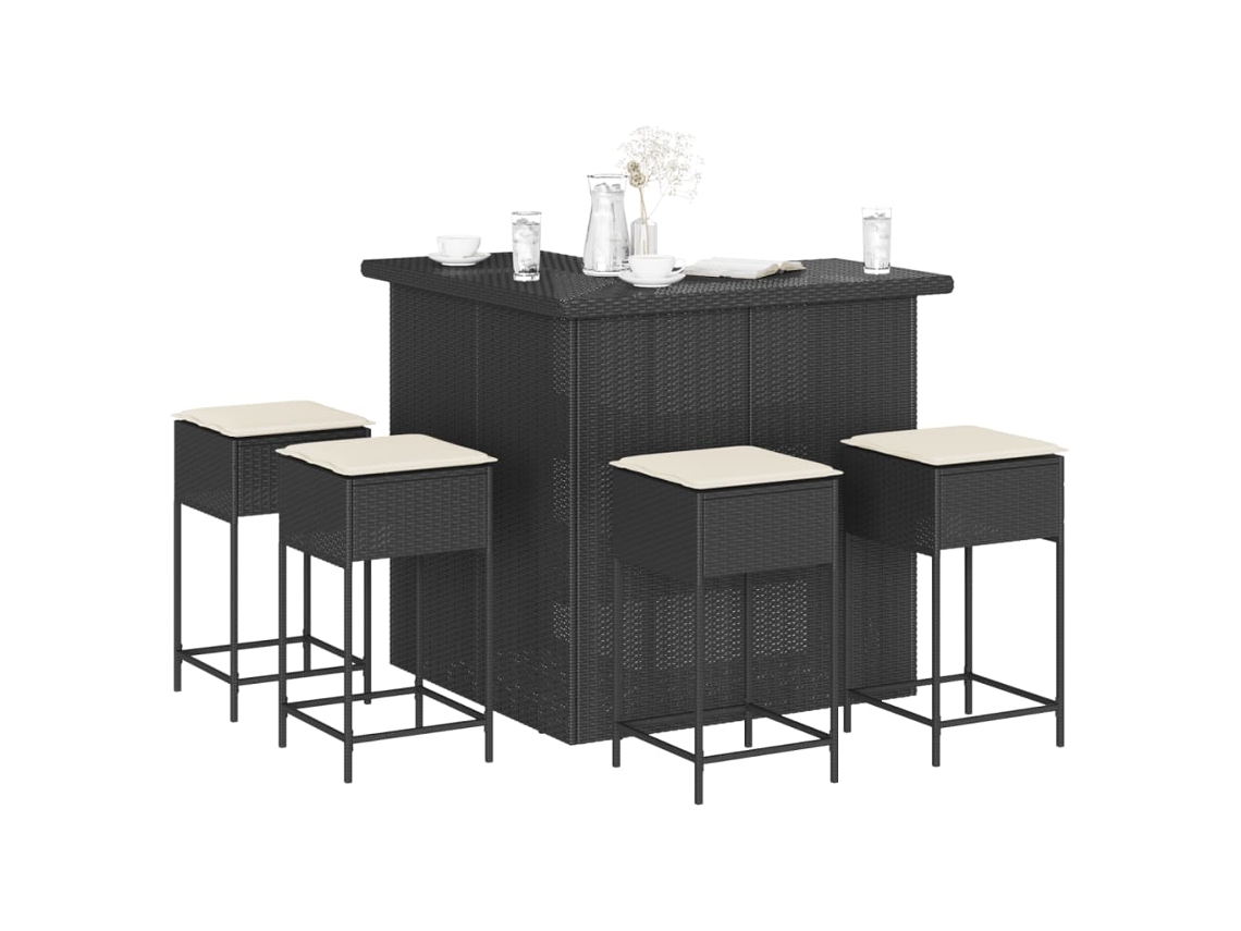 Vidaxl 5 Pcs Conjunto De Bar P/ Jardim C/ Almofadões Vime Pe Preto