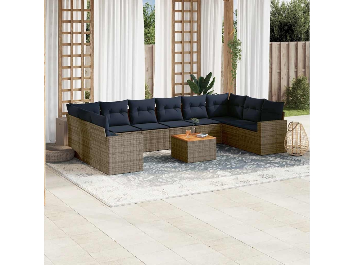 Vidaxl 11 Pcs Conjunto Sofás De Jardim C/ Almofadões Vime Pe Cinzento