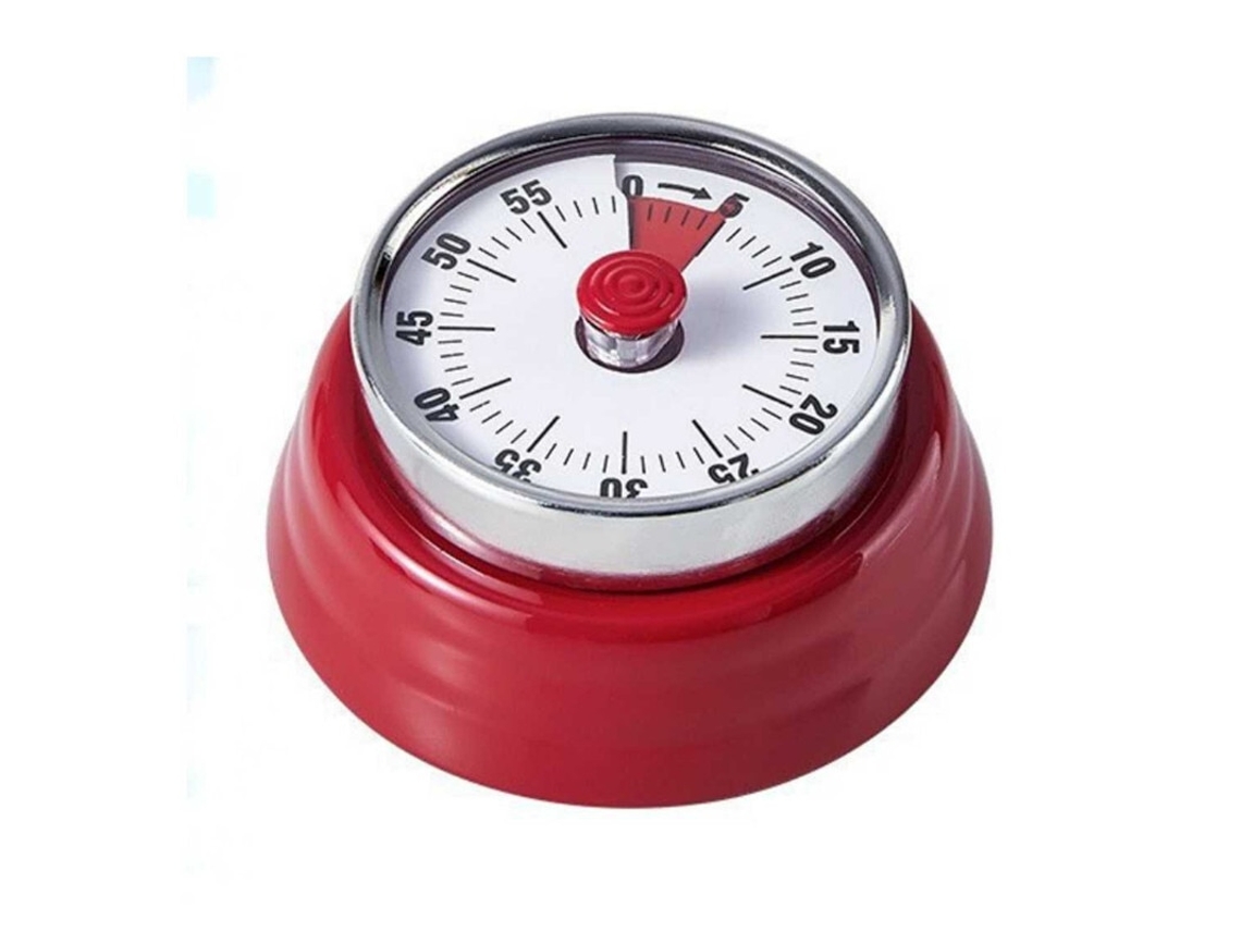 Timer De Cozinha Magnético Retrô, Design Retrô, Mecânico, Sem Bateria, Aço Inox, Vermelho Vintage