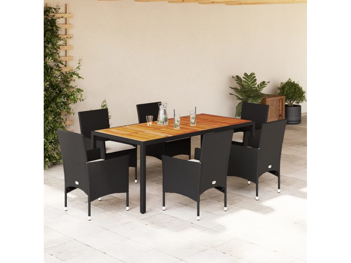 Conjunto 7 Peças Jantar Jardim C/ Almofadões Vime Pe/acácia Preto Dkd Home Decor