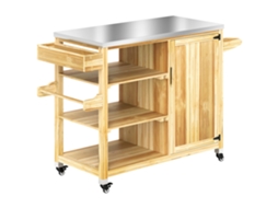 Carrinho Churrasqueira de Madeira 134,5x50x91,5 Cm com 4 rodas, prateleiras, armário, bancada de aço inox S/MARCA