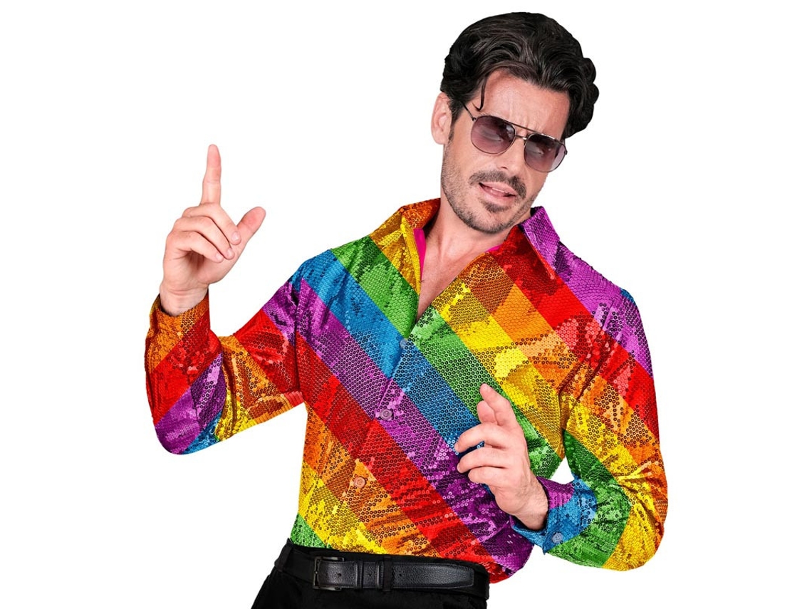 Fantasia ou camisa de festa com listras multicoloridas para homem