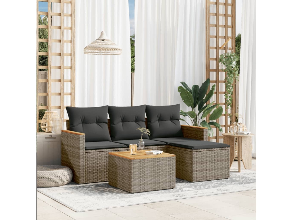 Jogo de Sofá Jardim 5 Peças C/ Almofadões Vime Pe Cinza Dkd Home Decor