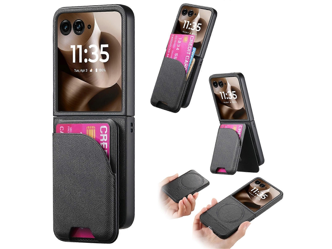 Capa Magnética Com Suporte E Textura Jeans Para Motorola Razr 60 Ultra 5g, Capa Traseira De Couro Com Compartimento Para Cartões Removível, Preta