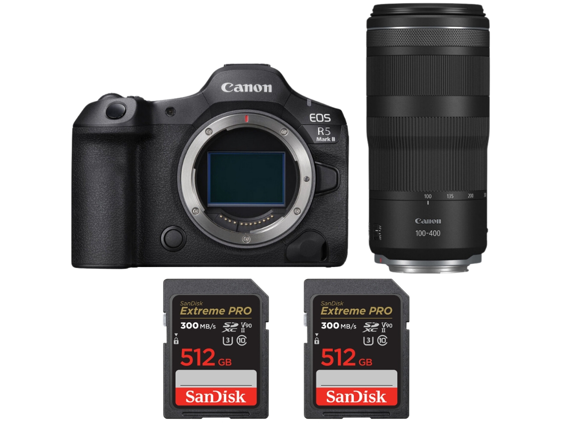Eos R5 Mark Ii + Rf 100 400mm F/5.6 8 Is Usm + 2 Sandisk 512gb Uhs ii 300mb/s + Ebook “20 Dicas para Fotos Que Impressionam” CANON