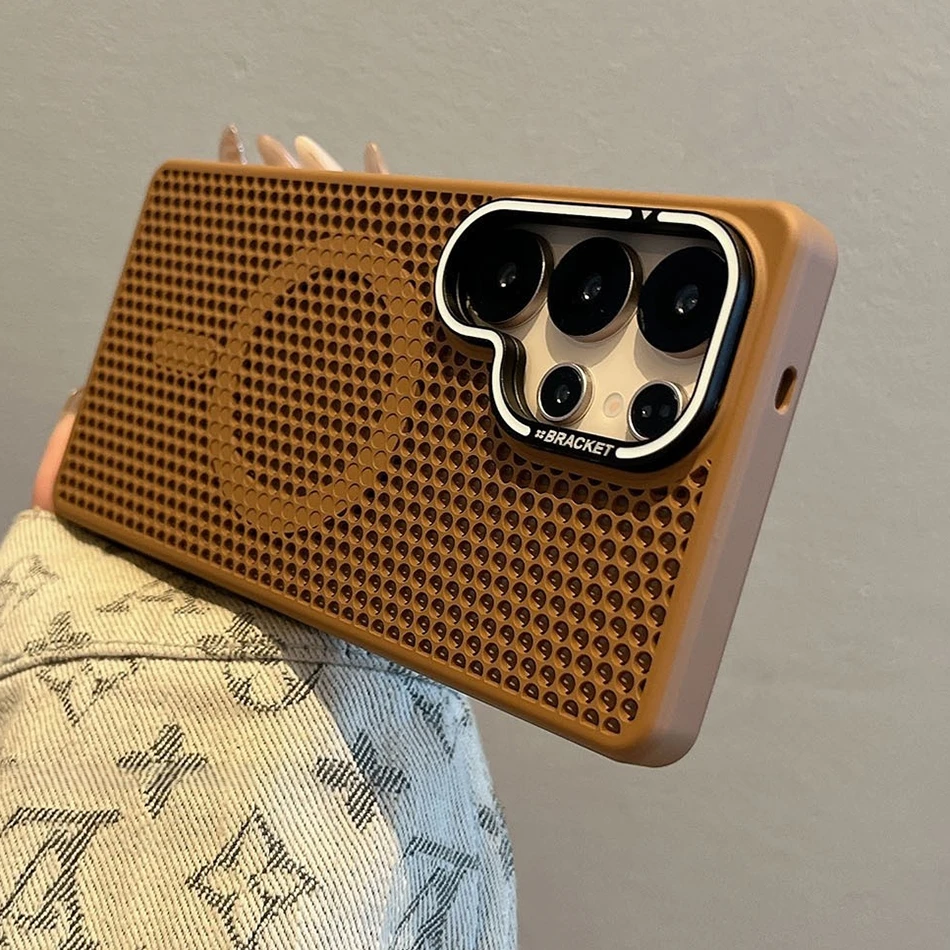 Capa Protetora Térmica (marrom Para Galaxy S23 Ultra), Suporte Para Lente Dourado, Carregamento Sem Fio.