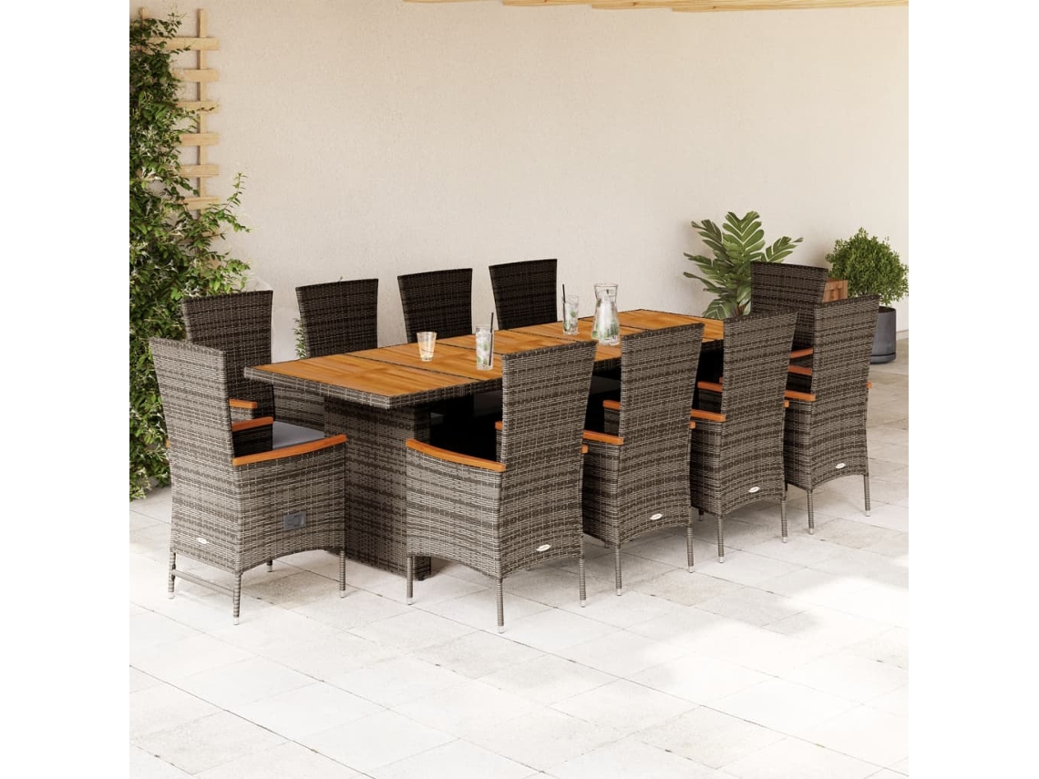 Vidaxl 11 Pcs Conjunto Jantar P/ Jardim C/ Almofadões Vime Pe Cinzento