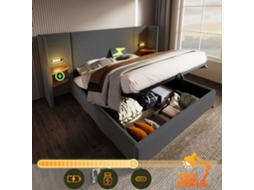 Cama Casal 160×200 Mesa Cabeceira Lâmpada Usb Type-c Estante Cinza