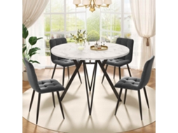 Conjunto De Mesa De Jantar De 5 Peças Mesa Redonda 100 Cm Com Pés Metálicos Pretos, Cadeiras Em Linho Cinza Estilo
