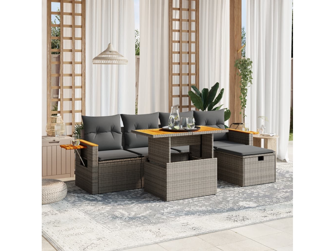 Vidaxl 6 Pcs Conjunto Sofás De Jardim Com Almofadões Vime Cinzento
