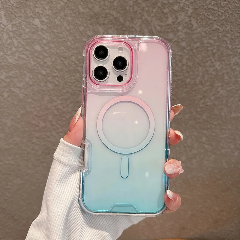(azul Celeste, Iphone 14 Plus) Capa Protetora 3 Em 1 Com Efeito Degradê, Compatível Com Carregamento Sem Fio Magsafe E À Prova De Choque.