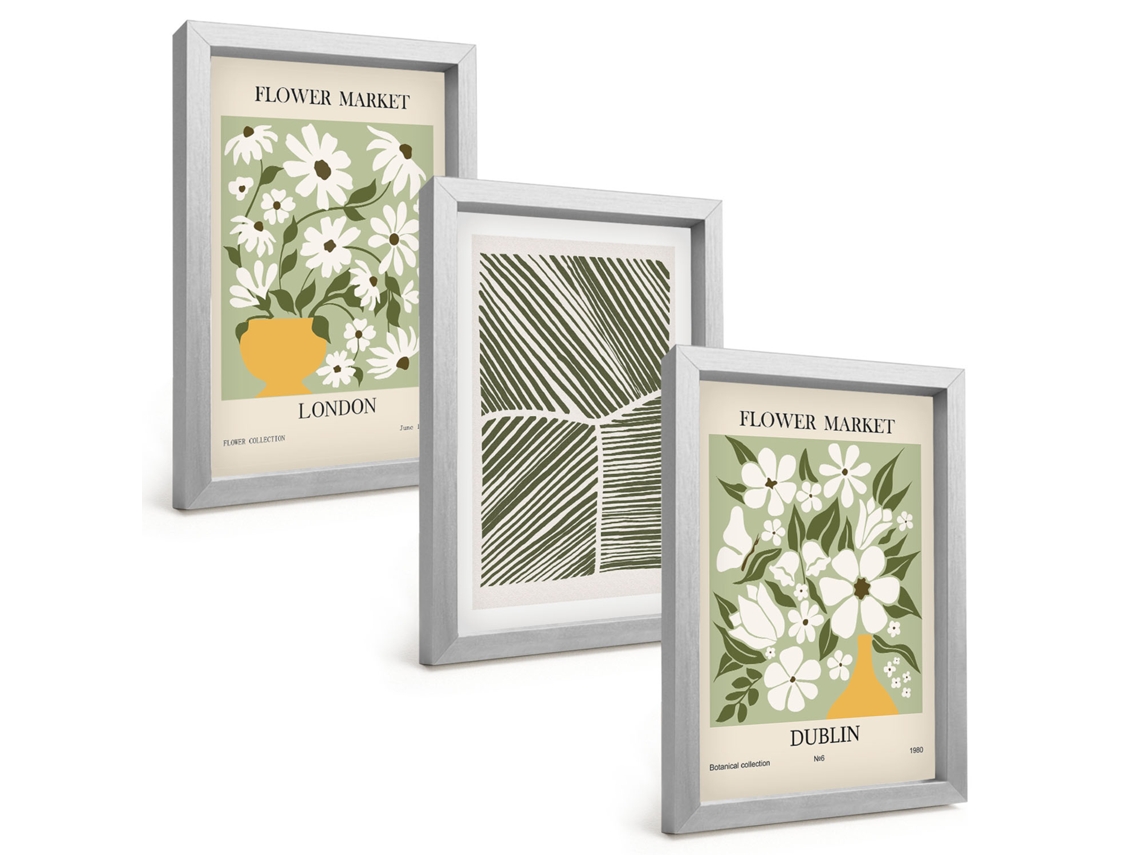 Composição De Quadros Padrões Florais Londres Dublin Espelharte (3 Peças 20x30 Cm)