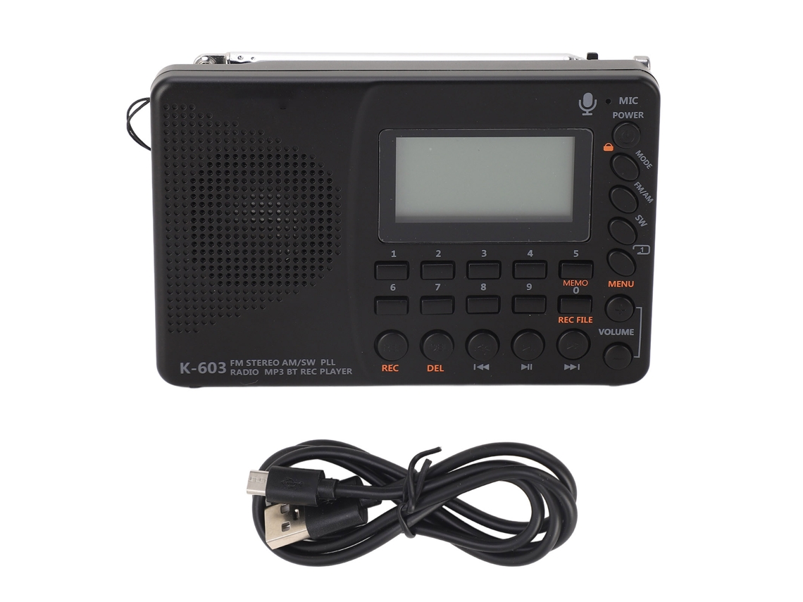 Radio portátil K603 FM/AM/SW con grabadora, altavoz estéreo y soporte para tarjeta de memoria