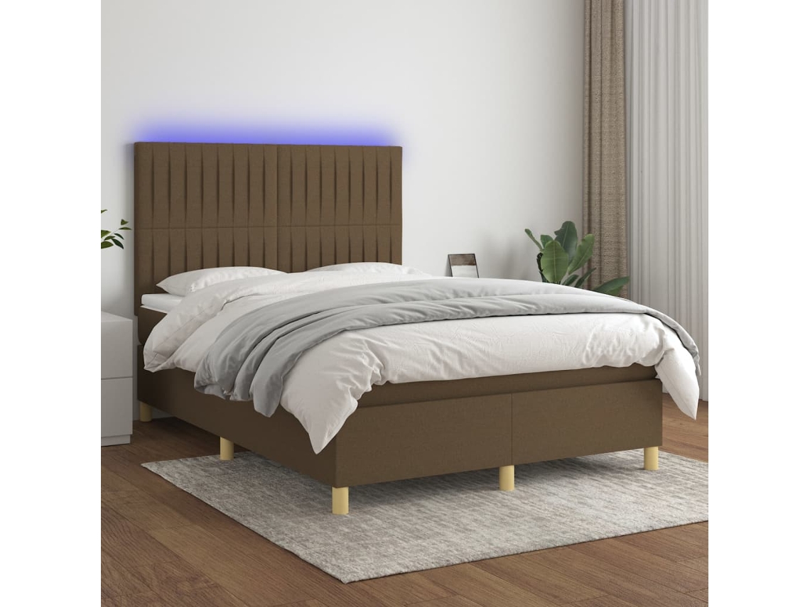 Cama Box Spring C/ Colchão/led 140x200cm Tecido Castanho-escuro