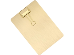 Prancheta A5 em aço inoxidável dourado, ergonômico e leve, com clipe multifuncional para mesa, escola e outros ambientes.