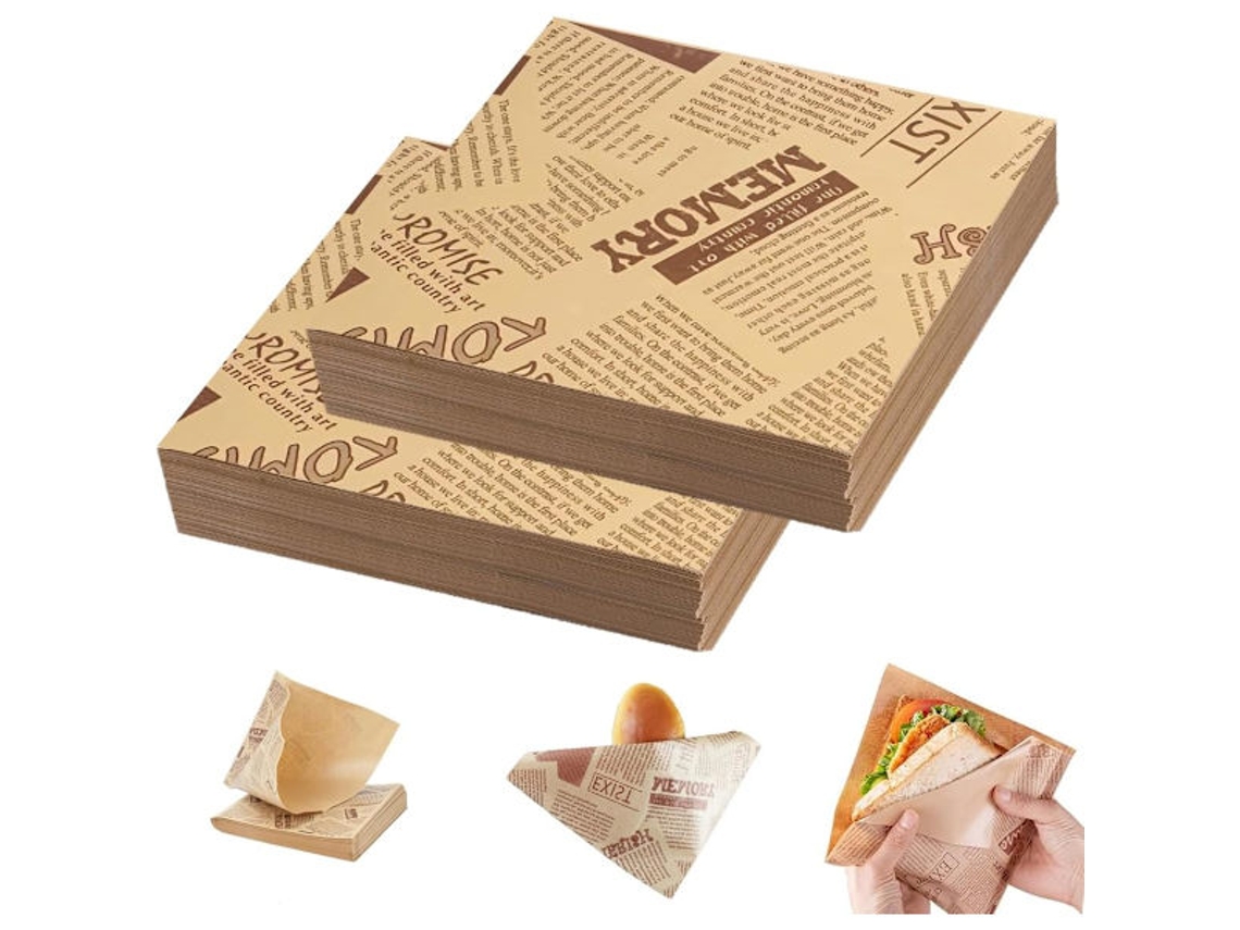 200 Unidades De Sacos Papel Para Hambúrguer, Sanduíche, 18x18cm, Estilo Jornal Envelhecido, Alimentos Como Hambúrgueres, Salgadinhos E Batat