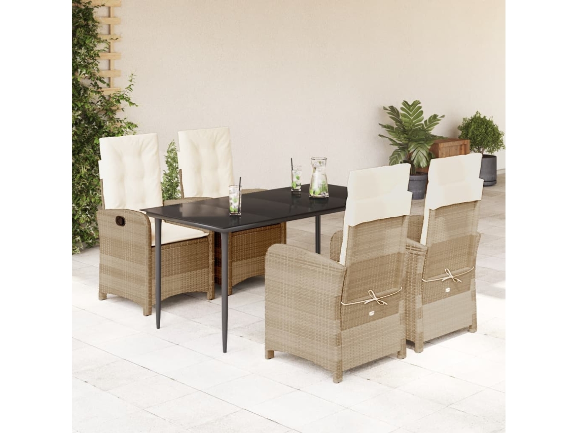 Vidaxl 5 Pcs Conjunto De Jantar P/ Jardim Com Almofadões Vime Pe Bege