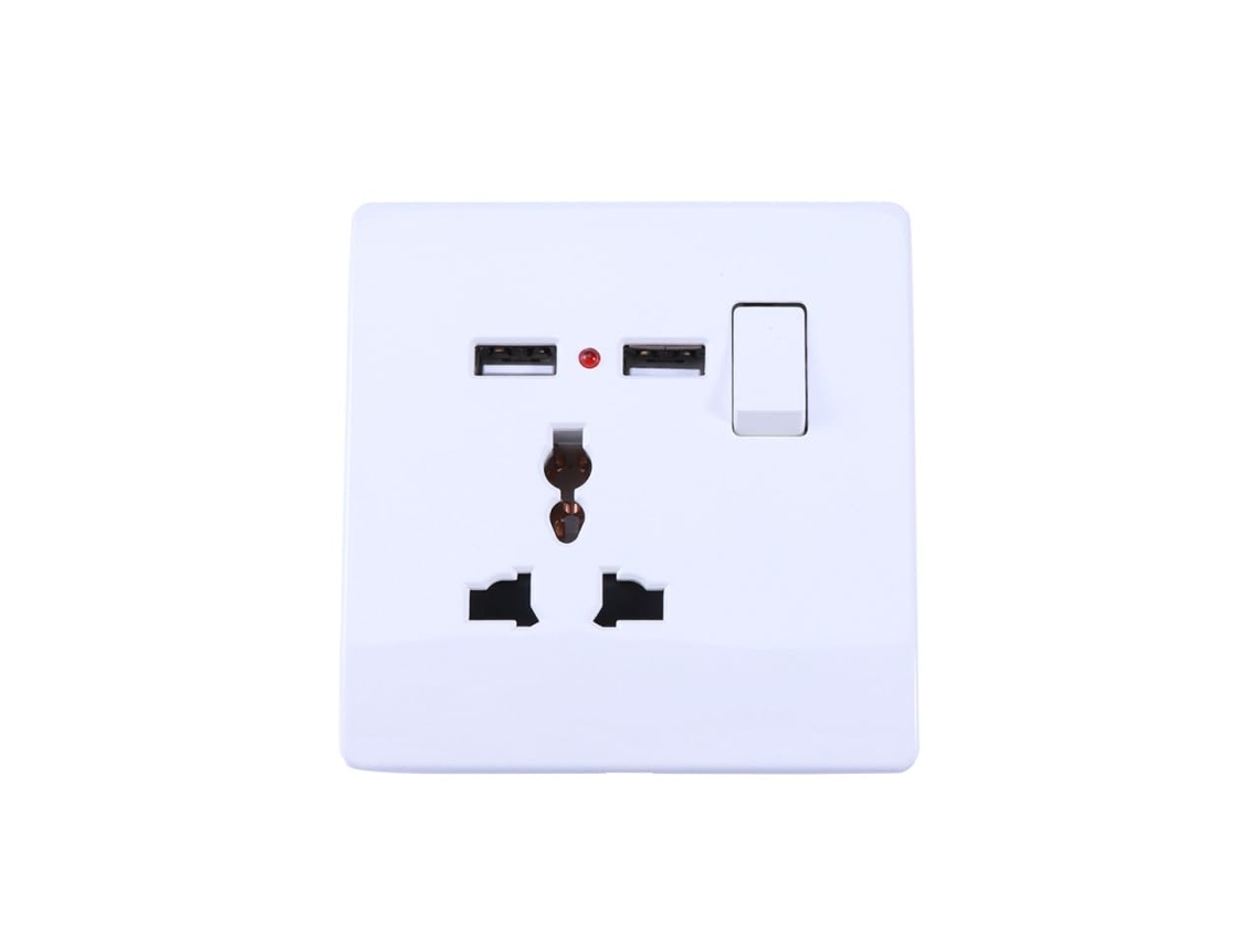 Tomada De Parede De 3 Pinos Com Duas Saídas Usb De 2a E Interruptor Liga/desliga.