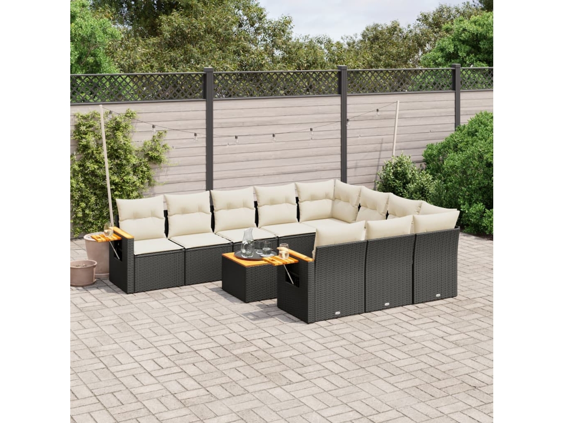 Jogo de Sofá Jardim 11 Peças C/ Almofadões Vime Pe Preto Dkd Home Decor