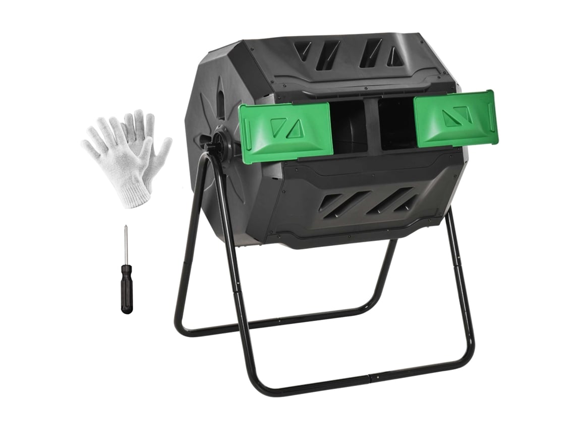 Compostor giratório CHEZMOI com 2 seções, 8 aberturas de ventilação, aço e polipropileno, 71x65x96cm, preto